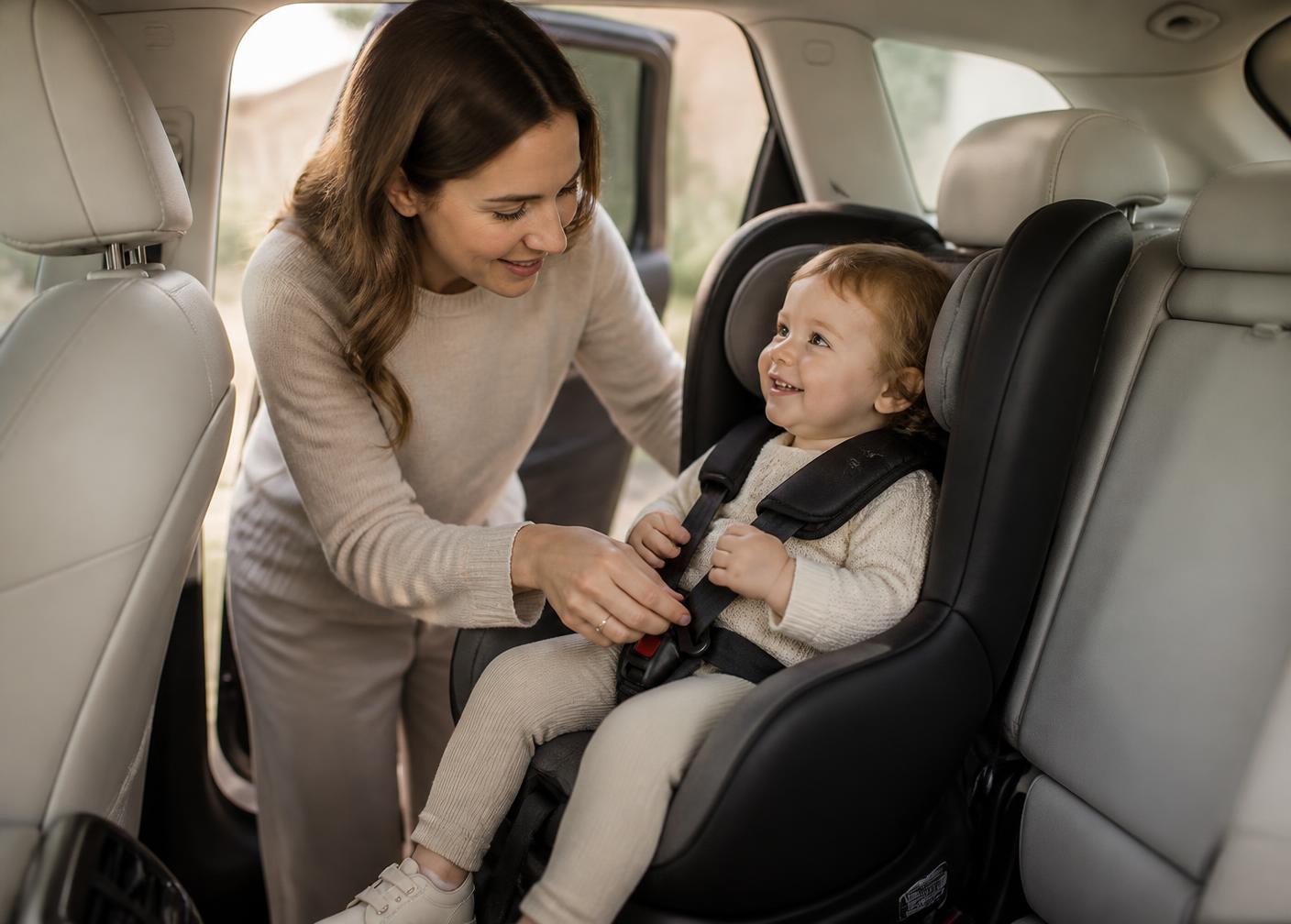 Parent securing a toddler into a child seat inside a clean premium vehicle