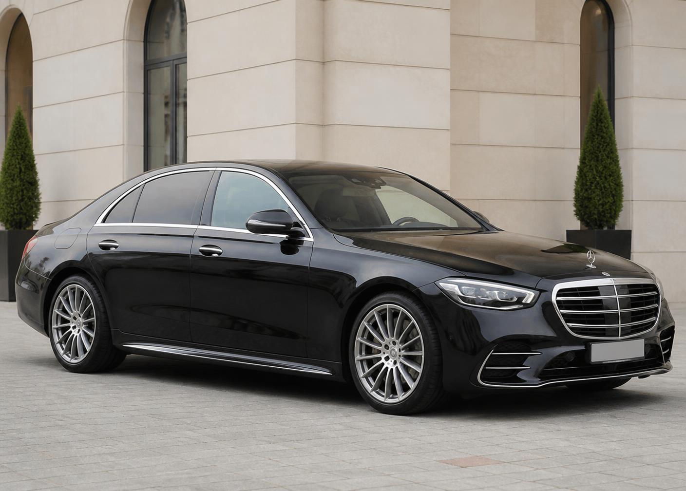 Black premium Mercedes-Benz executive sedan used for DIZESO private transfers